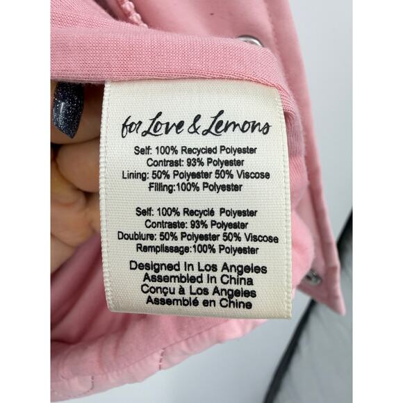 For Love And Lemons Jacket Pink Heart Puffer Coat Hooded Sherpa Trim Zip Up Sz M - Picture 10 of 12